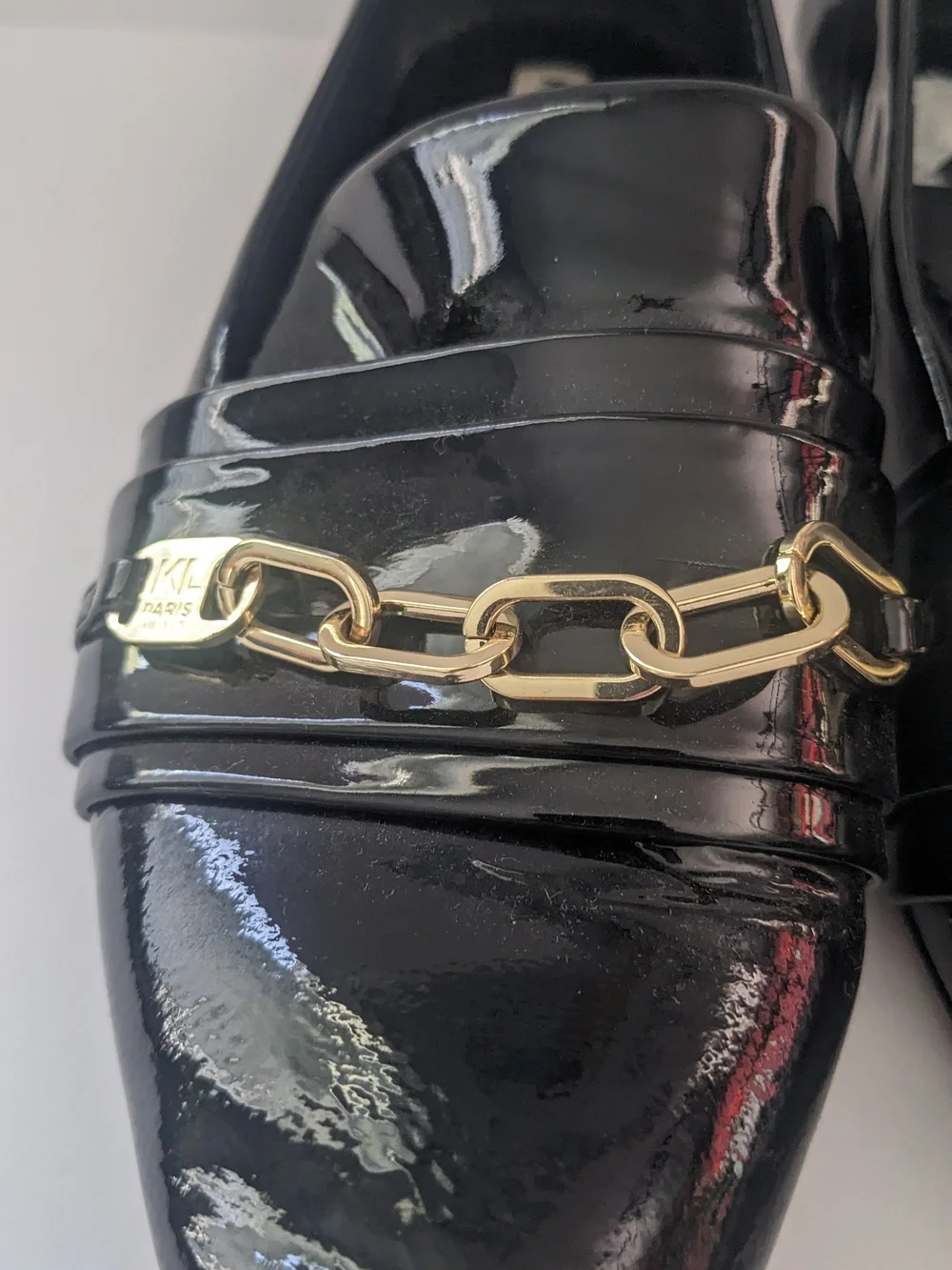 Karl Lagerfeld Black Patent Loafers with Gold Chain 7.5